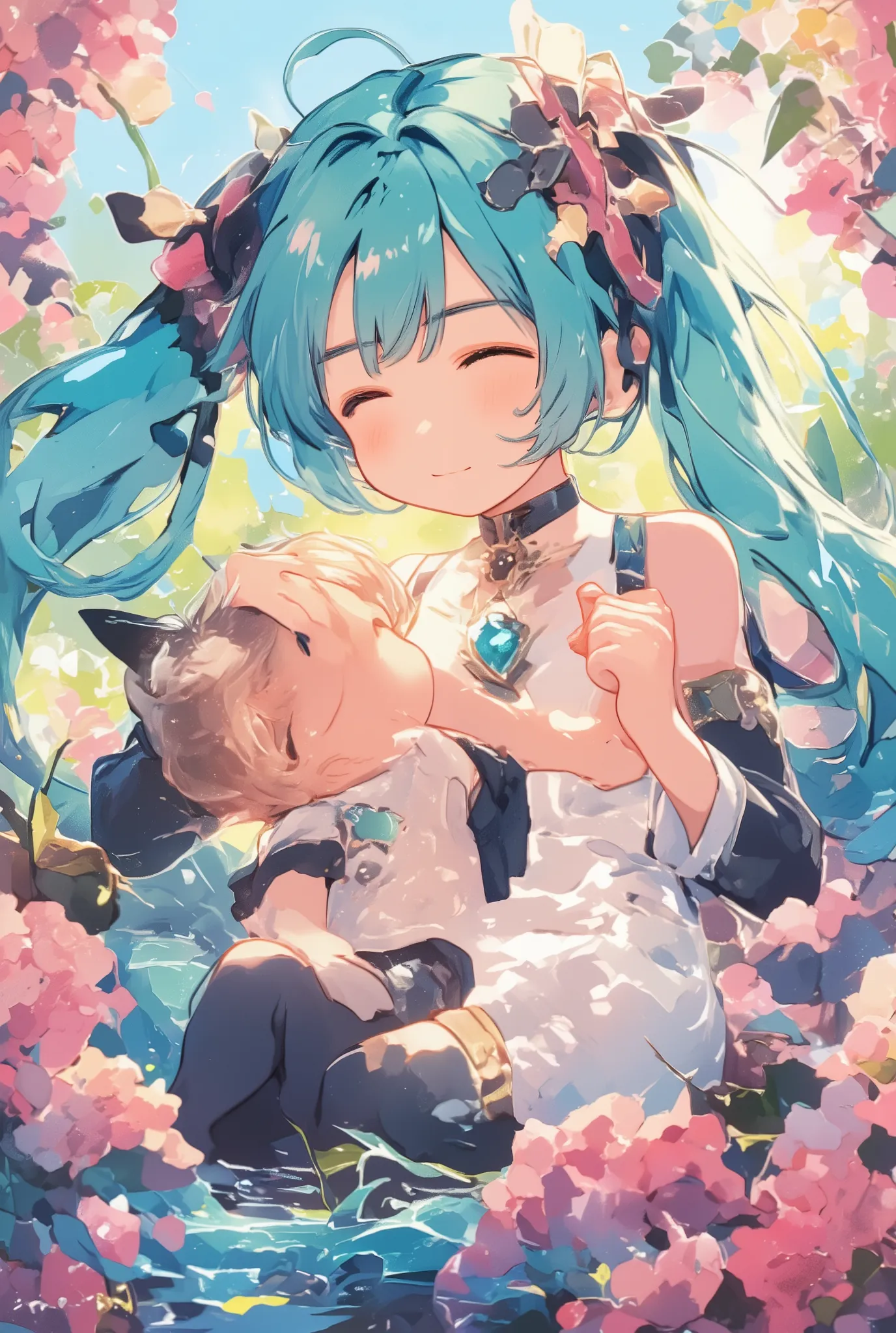 ( masterpiece、 highest quality、 highest quality、official art、  beautiful and beautiful  :1.2)、(one girl:1.3)  Hatsune Miku、twin tails, beautiful breasts, The baby is sleeping、 I hold my finger with my little hand、cute smile up to the knee、bright color、A pa...