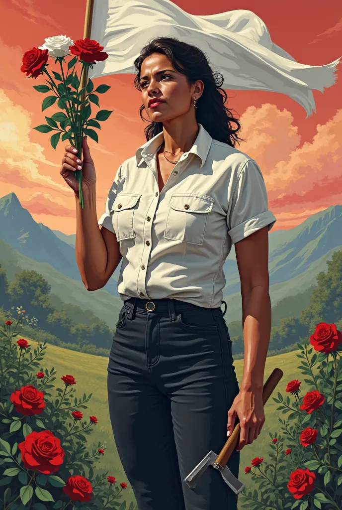 Create a commemorative image of Women's Day that represents an empowered and hardworking woman,  with Latin features . The woman must be in the foreground, with a strong and decisive expression, dressed in simple but powerful clothing, like a white shirt a...