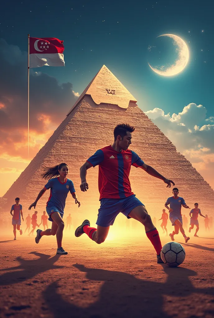 Poster for “Street Soccer 3V3” location in Egypt. Pyramid at the back. “With singapore flag that shows clearly the moon and 5 stars on the flag” 