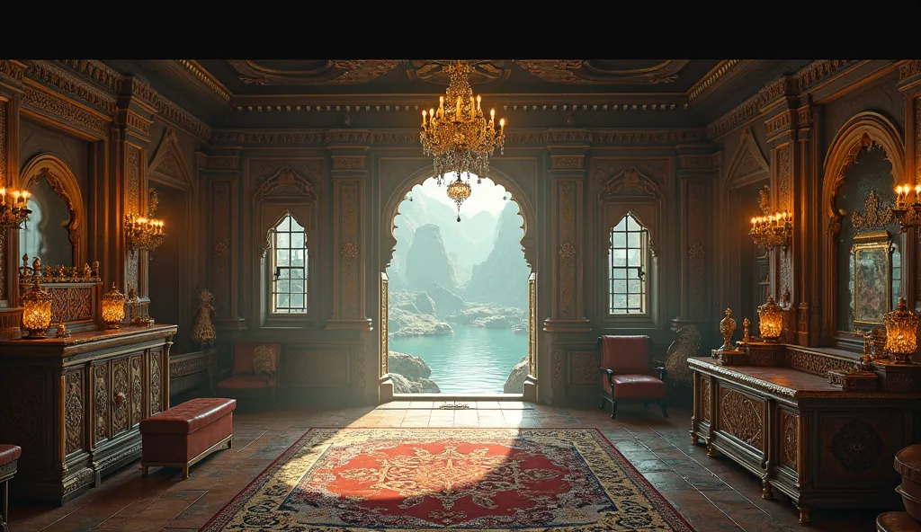 ((masterpiece, sex, highest image quality, high resolution, photorealistic, RAW photo, extremely detailed unified CG wallpaper of 8k)), Empty scenery inside a giant hut in India near an Indian lake wearing gold, silver accessories and jewelry, climate of t...