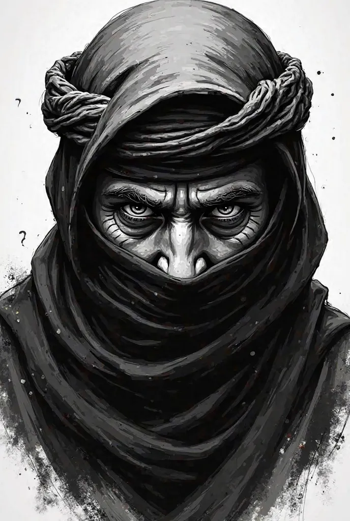 Create me a logo black white where a man is covered with an Arabic scarf only his eyes can be seen are his eyes and eyebrows should look aggressively that should a logo be black white only from one head section 