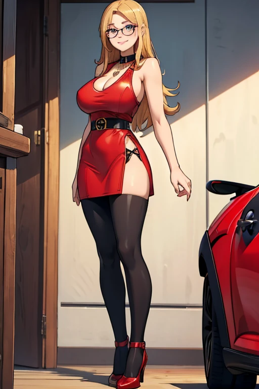 female, long blonde hair, blue eyes, (((1girl))), (((red mini dress))), (black pants), (black shoes), (gold necklace), (black glasses), (black belt), cute and sexy, full body, huge breasts, long legs, smiling