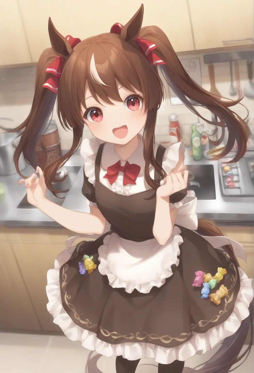 very powerful,  masterpiece, best quality,  latest,  high resolution, absurd、Ling Ming、Ling Ming　Uma Musume、 1 、 Shiny Dark Brown Hair、  red eyes、  double ponytail、  open mouth 、 Smile、Outfits with Various Candies、 kitchen、 Fun Atmosphere 