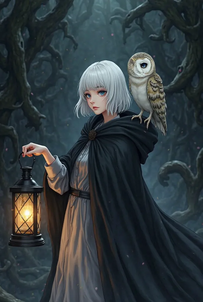 The main composition element：White-haired girl（allows you not to see your face），with a black cape covering half of the head and some white hair，holding a lantern in his hand，standing on shoulder A small owl，owl pupil white，surrounding background Cthulhu st...