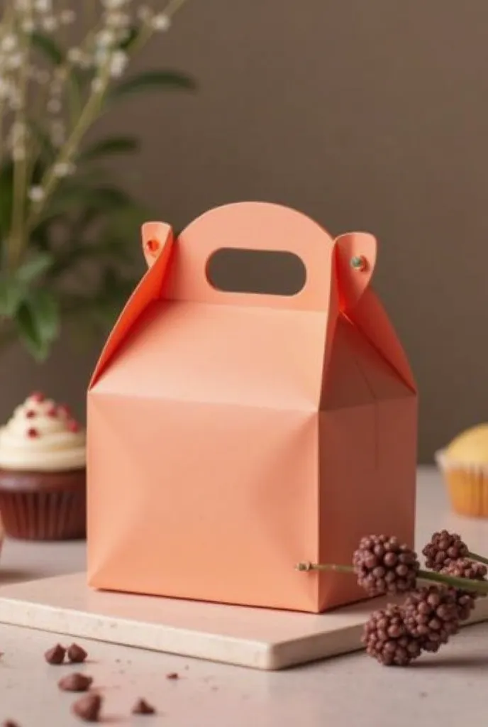 Create a small closed package, store, with a handle and a single, original, bright light color design, shades of brown — cake confectionery. The package is unique in color and modern. The package will be on the table and surrounding will be elements in the...