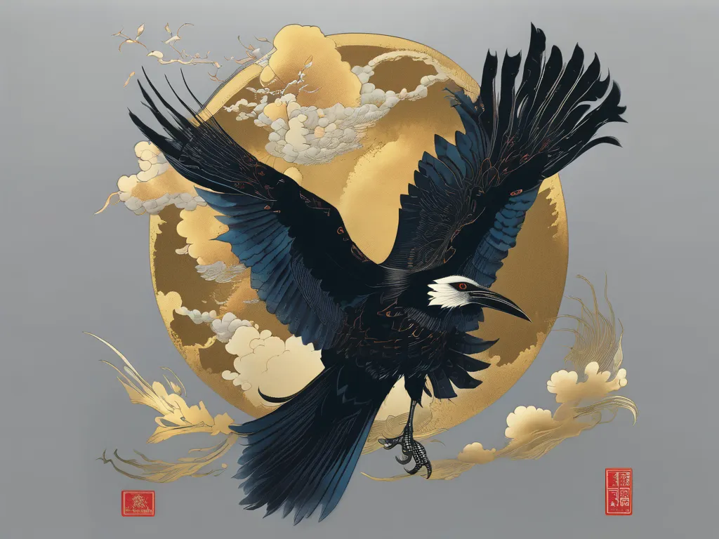 ukiyo-e,      Super Complex HD   ,    Beautiful Traditional Japanese Culture ,  god々Like、Crow、moon、Yatagarasu、3本足のCrow、Golden Cloud、Big Flapping、