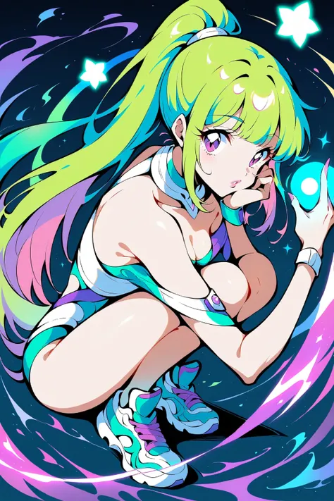 (has the best quality, sketch:1.2),practical, illustration designer  ,cunning，1 girl ， delicate lips , ， strapless， Neon long hair  ,  high ponytail green  ，sneakers。fluorescent powder and fluorescent green，Ultra wide angle，perspective。 masterpiece,  This ...