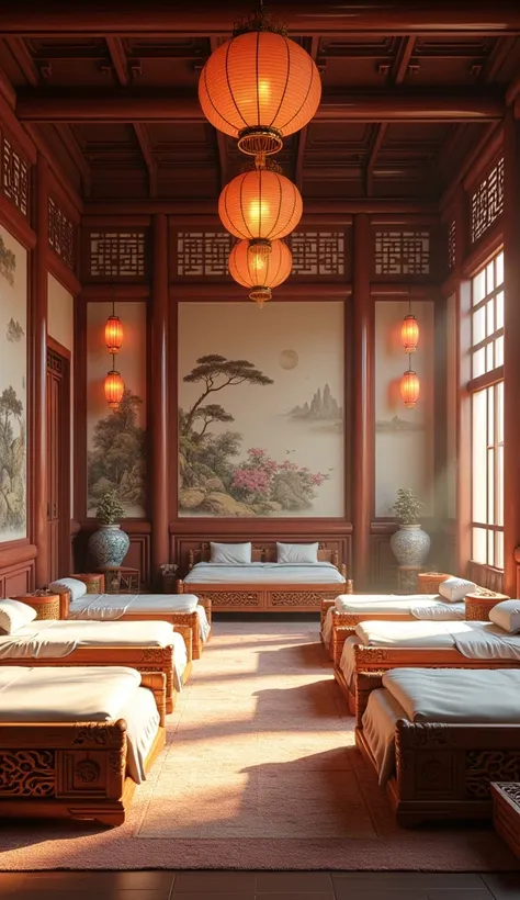 spacious bedroom with 8 bamboo beds, ancient Chinese theme