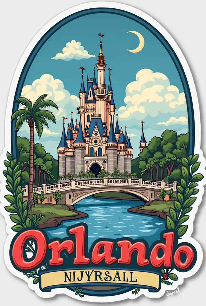 hello, Make me an image that says Orlando and there are references to Disney parks and Universal St Dios Park? This one that is representative since it will be used as a sticker and that also adds reference to the multiple outlet stores that exist