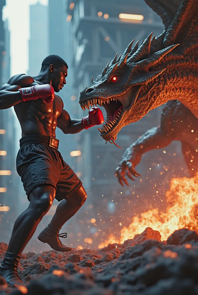 a space boxing black man, muscular physique, determined expression, mid-action pose, fighting a large space dragon, scaly skin, sharp claws, wings, breathing fire, epic sci-fi fantasy battle, dystopian futuristic environment, glowing neon lights, floating ...