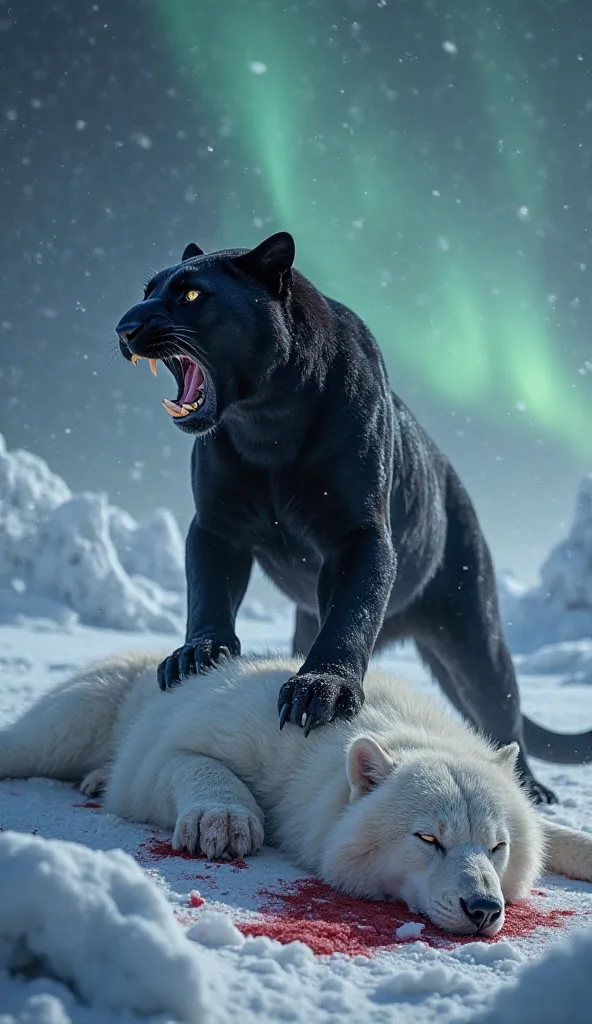 "A chilling, hyper-detailed scene of a black panther asserting dominance over a fallen Arctic wolf in a stark, frozen wilderness. The panther stands atop the wolf's lifeless body, its sleek black coat gleaming under an icy moonlight, muscles rippling as it...