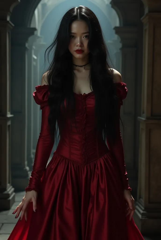 Faced photo of Jennie Kim from BlackPink, The background of a vampire palace, walking in the shadows, the long, undisfigured hair of the face or body, The five fingers of both hands, That she wears a blood-red cup dress, As in the Victorian era, but with v...