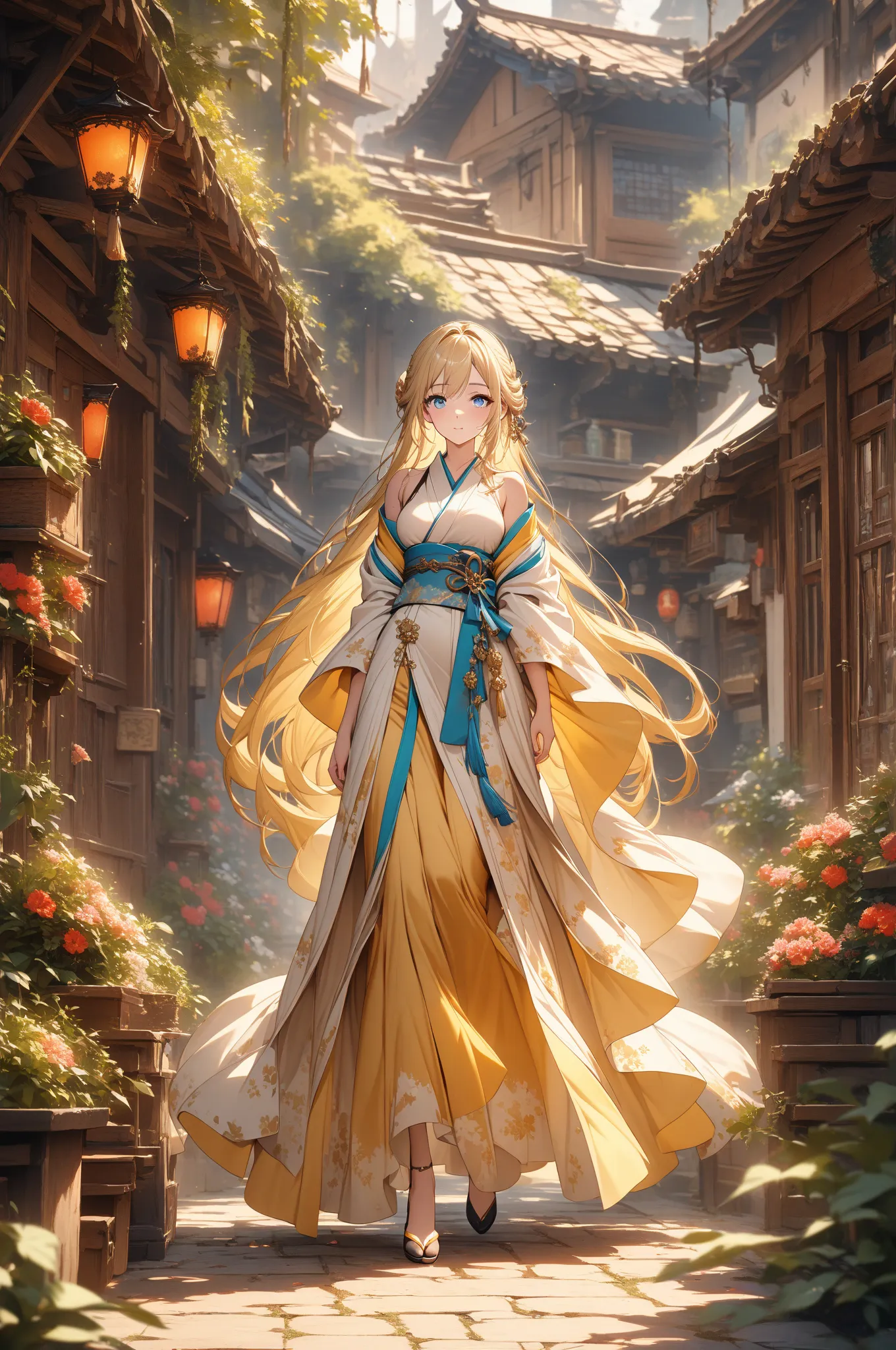 (masterpiece, detailed:1.2), One Girl, (18-years old), blonde one updo, Medium Breasts, sky blue eyes, BREAK, Highest quality, town, Kimono, Fullbody from front below:1.3