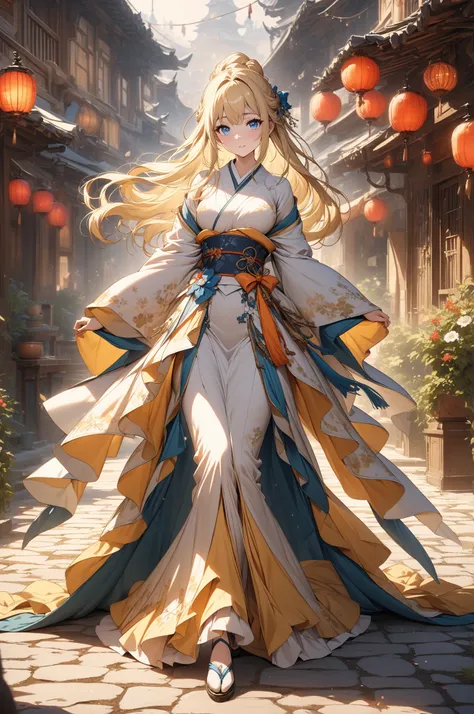 (masterpiece, detailed:1.2), One Girl, (18-years old), blonde one updo, Medium Breasts, sky blue eyes, BREAK, Highest quality, town, Kimono, Fullbody from front below:1.3