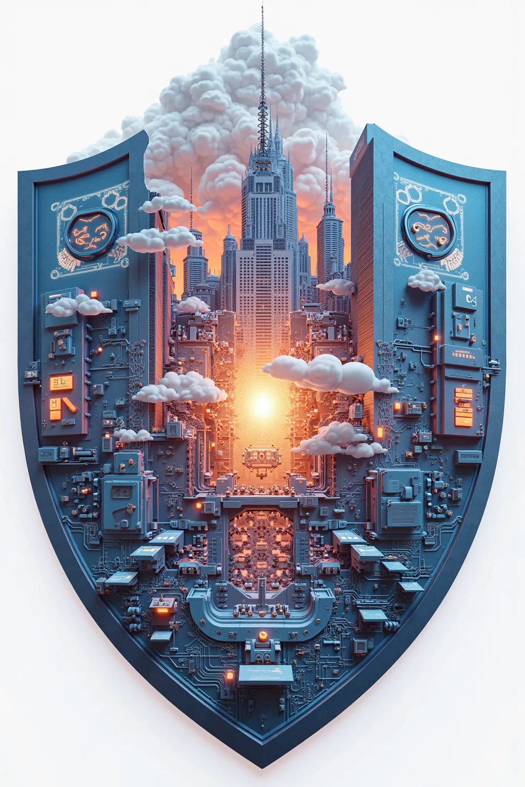 [detail level 10,000 out of 10] "Create a 3D coat of arms in the style of renewed social realism in the form of a heraldic shield.

The central inscription “Rostelecom”
Central composition: 
Giant city metropolis, giant city civilization, city fortress, ci...