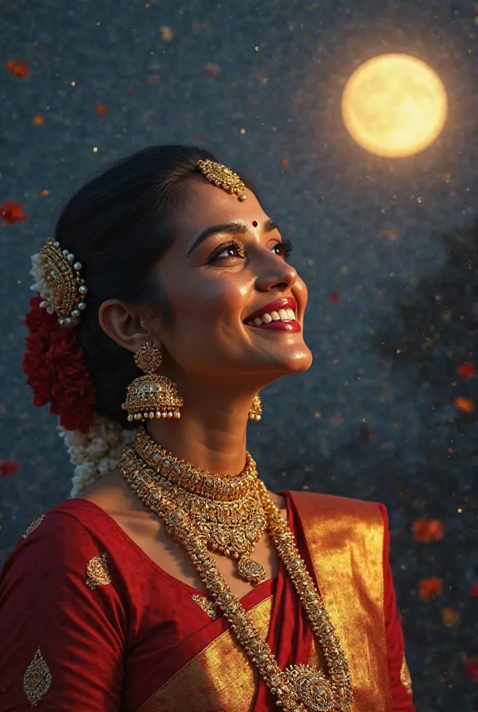 "Create a hyper-realistic, photorealistic portrait of a South Indian bride gazing at a luminous full moon with pure happiness. Her face glows with a gentle, radiant light that enhances her joyful smile and sparkling eyes. She is adorned with intricately de...