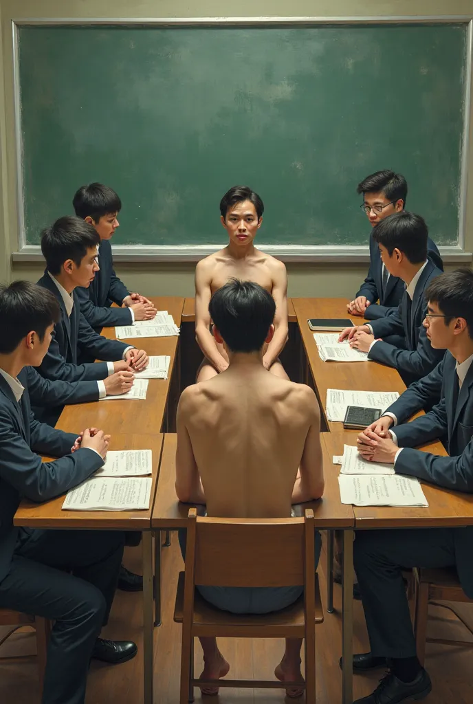 South Korea high school board of teachers everyone is sitting at the U-shaped desk And in the middle are the principal the principal the principal is an adult or young man completely naked and barefoot sitting at the U-shaped desk behind the desk this desk...