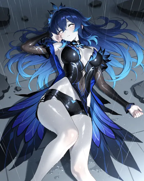 best image quality、High Resolution、 Resplendent Diamond Blue Hair 、white eyes、、rooftop、  Black Flame Clothes、beautiful breasts、  best thighs、GalaxyAura、 long hair、best image quality、floating rubble、Black Shorts、 white skin、 the royal family、、Straight face、...