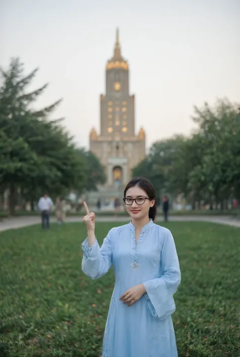 "A young woman with glasses and a light blue traditional dress poses playfully in front of a beautifully lit monument at dusk. She holds her hand in a way that makes it look like she is supporting the towering structure in the background. The monument has ...