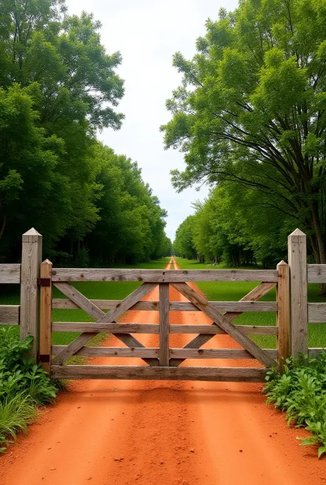 "A rustic wooden gate blocking a reddish dirt road in a rural setting during daytime. The road stretches into the distance, flanked by lush green trees and dense vegetation on both sides. The sky is bright, and the overall atmosphere is peaceful and natura...