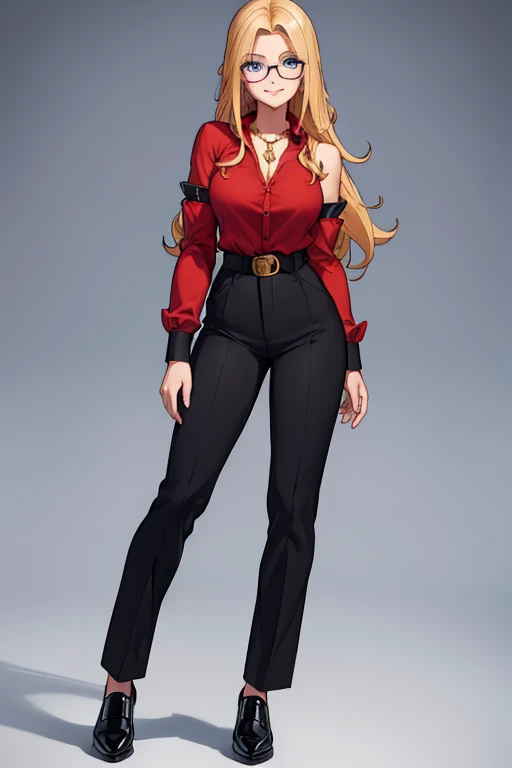 female, long blonde hair, blue eyes, (((1girl))), (((red long sleeve shirt with sleeves rolled up))), (black dress pants), (black shoes), (gold necklace), (black glasses), (black belt), cute and sexy, full body, huge breasts, long legs, smiling