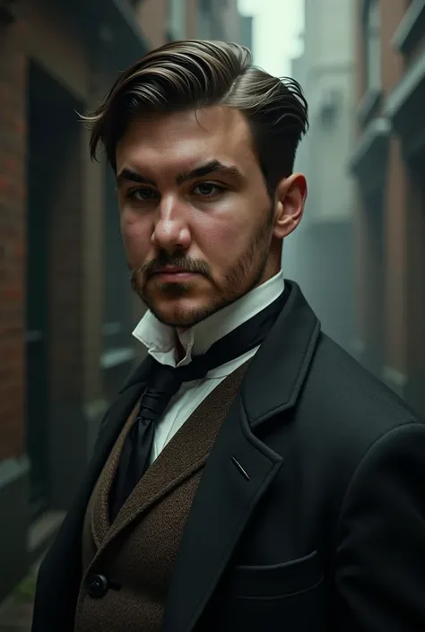 Create an ultra realistic image of myself, 8k, male, 30 years, dressed as a peak blinder, with, Thomas Shelby style in 1915 in old London, Closer photo