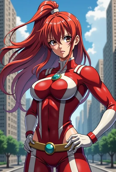  My Hero Academia Style , Anime girl, female, young female,muscular female,Full Body Shot,(fighting Pose:2),Long hair, Red Hair,  Brown Eyes,Hero Suit, Full Body Suit, red suit with white details,small round blue jewel in the center of the chest, perfect a...