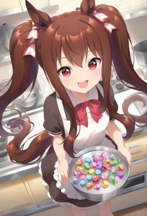 very powerful,  masterpiece, best quality,  latest, high resolution, absurd、Ling Ming、Ling Ming　Uma Musume、 1 、 Shiny Dark Brown Hair、  red eyes、  double ponytail、  open mouth 、 Smile、Outfits with Various Candies、 kitchen、 Fun Atmosphere