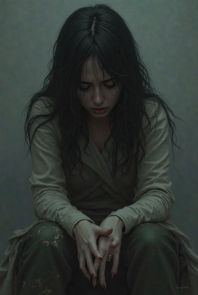 Create an image of a woman sitting sad crying 