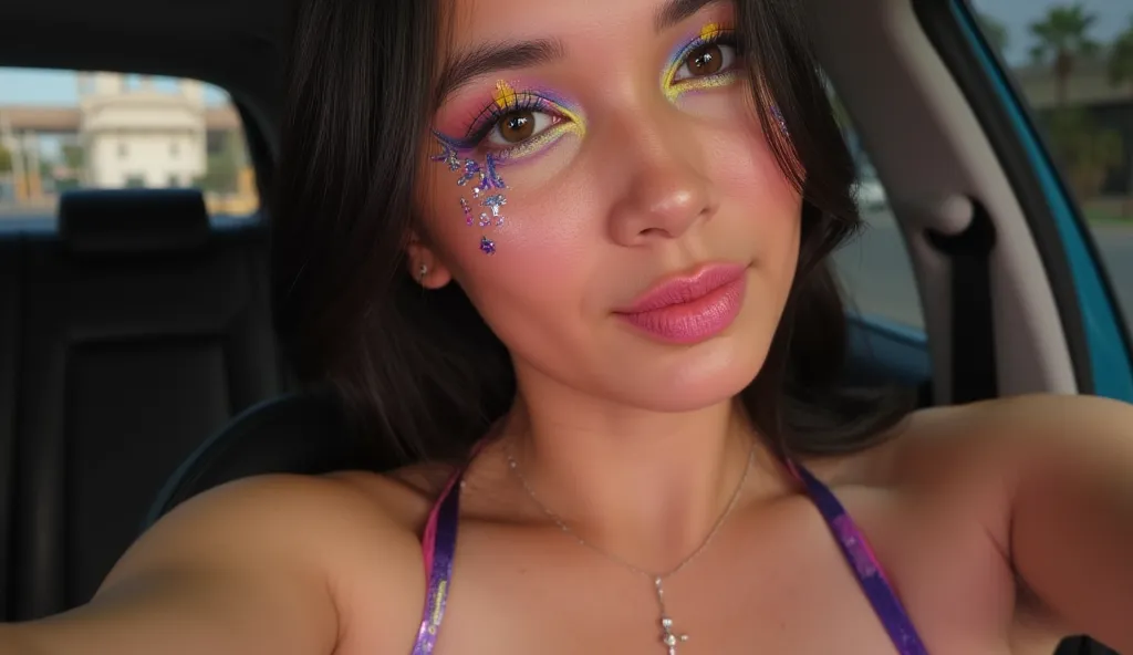 Woman  selfie. Allure. Her makeup is dramatic and colorful:  a highlighter glow, neon pink, electric blue, and vibrant yellow eyeshadow with thick winged eyeliner and exaggerated false lashes, glossy and shiny whtie and  orange lips with glitter, bright vi...