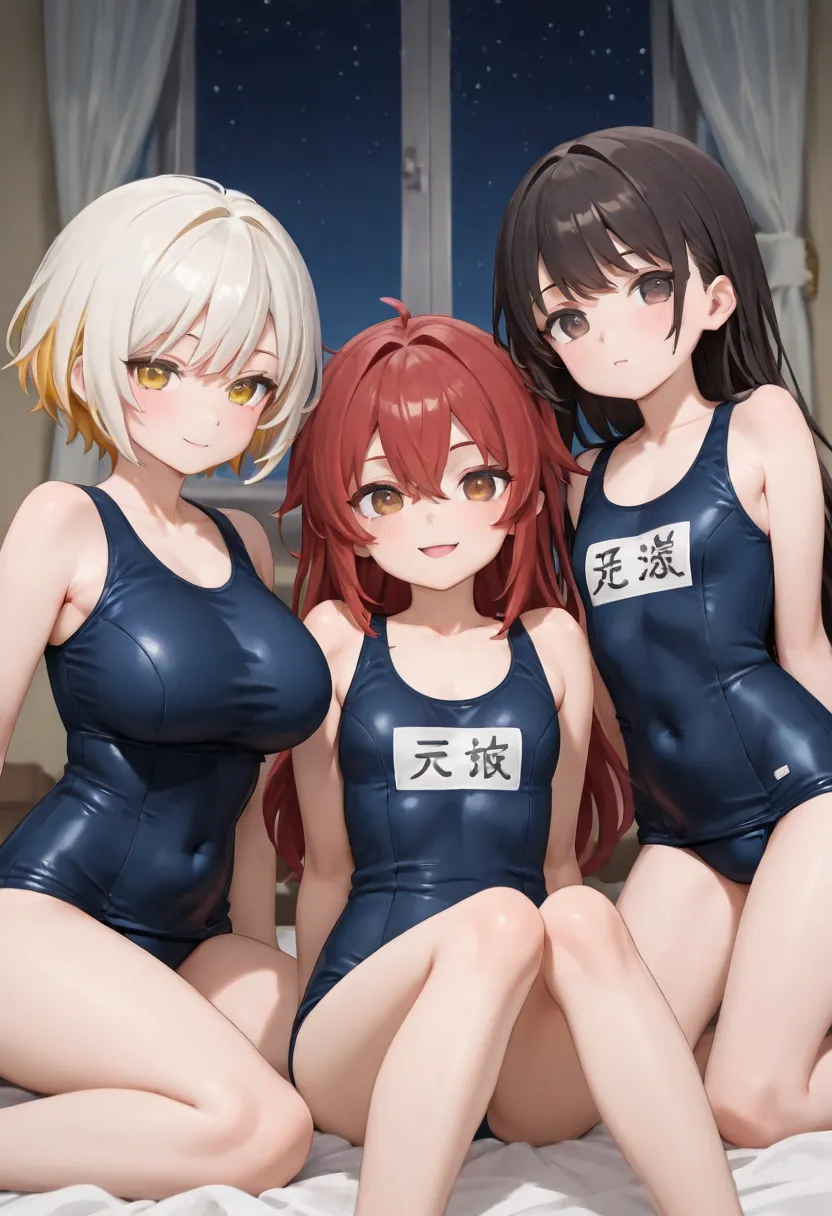 school swimsuit、3 girls、Chest Valley、room、bed、bed、window、Night Sky、blond hair、White hair、Black hair、brown hair、red hair、short cut hair、long hair、medium long hair、big breasts、SMALLE BREASTS、Flat Chest