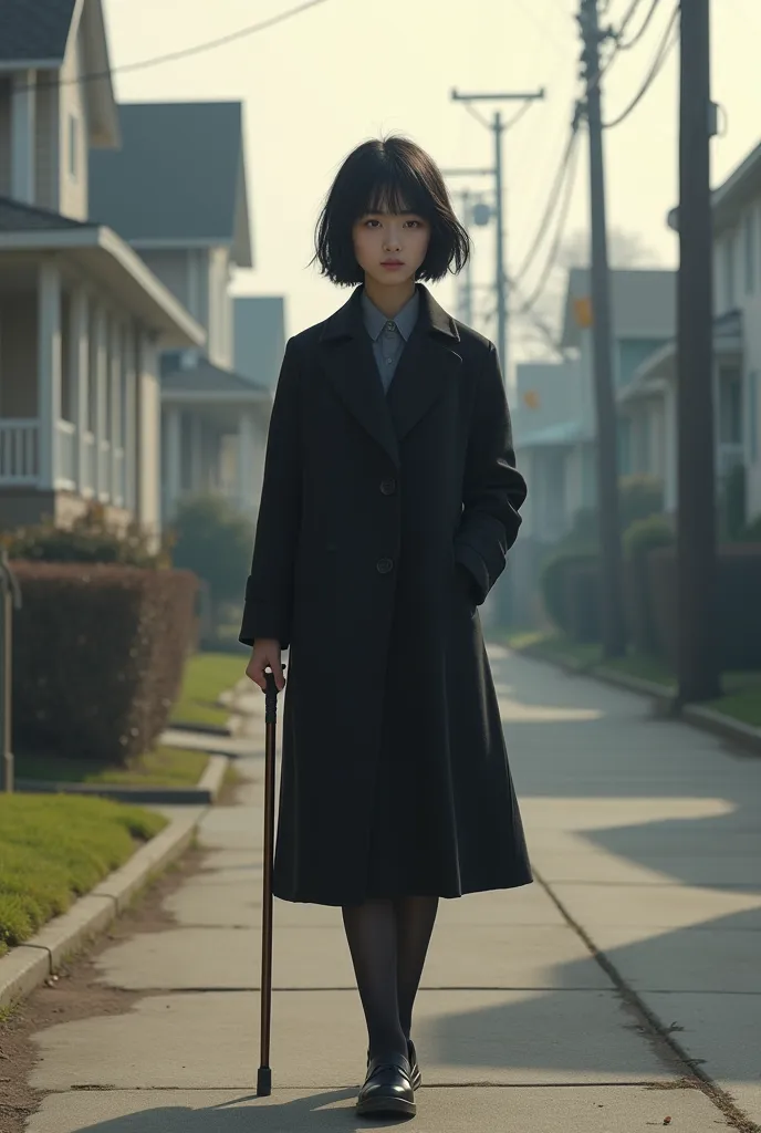 An eighteen-year-old , Asian,  Korean,  thin, height 165 centimeters beautiful, Black hair, in hand a cane for the blind, Wearing a black coat, dressed down the street with American houses 