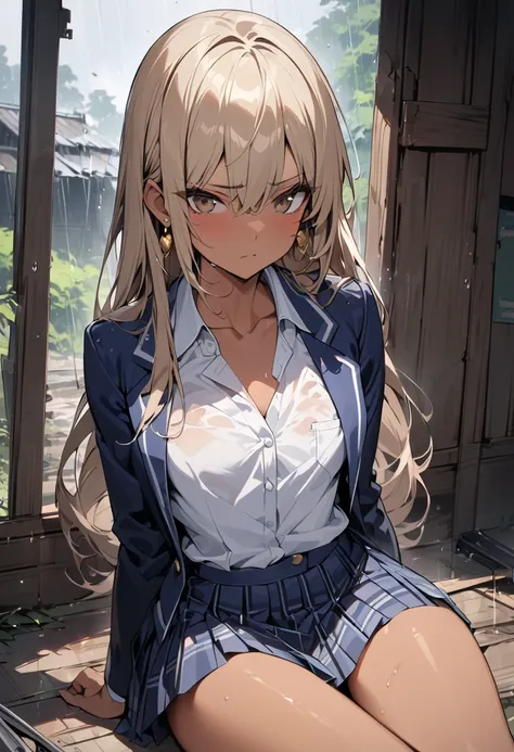 ((greatest masterpiece,Ultra High Quality:1.2)),(super resolution),(solo),cowboy shot,rain,Slender, small-breasted Yankee high school girl sitting with legs spread out in an abandoned hut,beautiful face, healthy tan skin ,Light brown long hair,Thin, tall, ...