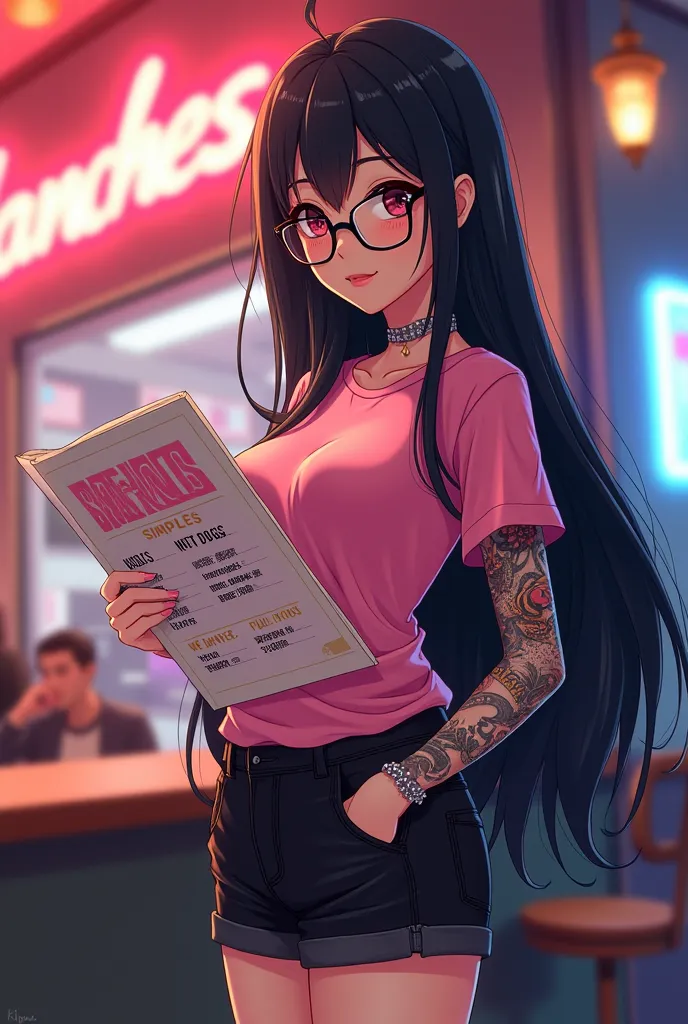 A digital illustration In anime style it captures a breathtaking woman,  with long black hair, smooth and loose,she has a tattoo that covers her entire right arm, she is gracefully holding a menu with names in pink pink "HOT DOG SIMPLES, HOT DOGS, WE HAVE ...