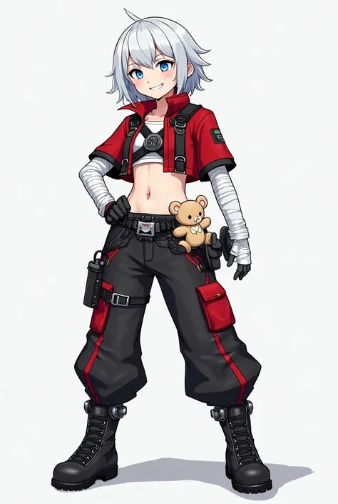 Design me a character with this description:

The character has short, silver-white hair and bright blue eyes, giving them a striking and energetic appearance. They wear a red cropped jacket with black tactical straps and details, revealing part of their m...