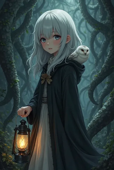 The main composition element：White-haired girl（allows you not to see your face），Black cape covers head，holding a lantern in his hand，standing on shoulder A small owl，owl pupil white，Surrounding background Cthulhu style tentacles stick out black misty world...