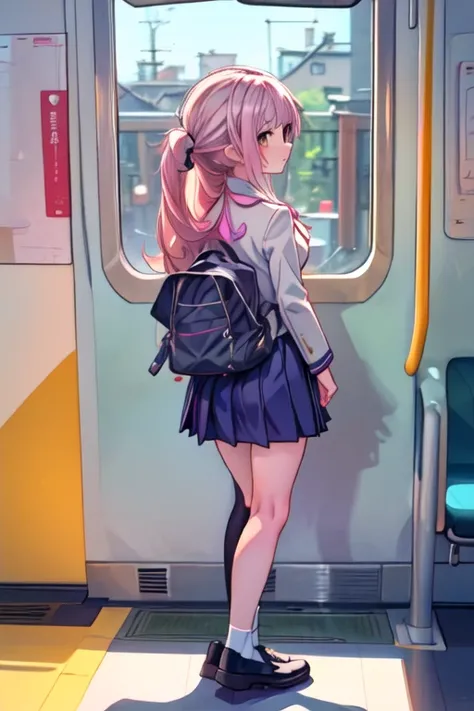 (masterpiece,  highest quality ),  1 girl, alone,  one girl ,  beautiful face,  Misono Mika 、Student uniform、Estrus、Full Body Image、Standing on the train、standing in front of the user、 with your back turned、 looking out of a window