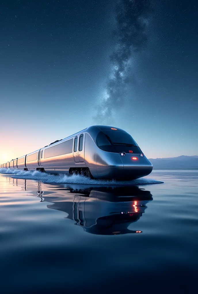 Train on water wherein the background sky is full of stars, animated