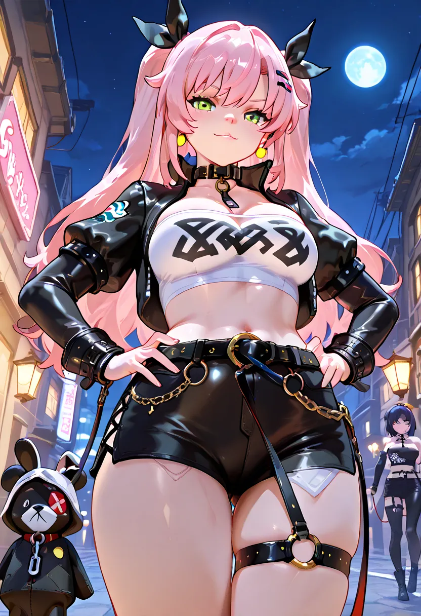 masterpiece, best quality, very detailed, very detailed,illustration, 1 woman, Nicole starts, hair ribbon, hairpin, earring, black collar, tube top, single thigh high, short, cropped jacket, belt, thigh straps, separated sleeves, doll, standing, put hands ...