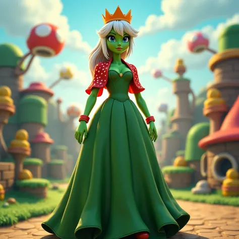 Create real photography , real human as a sexy green-skinned woman dressed in a magnificent princesse green dress , with red with withe polka dot shawl ,with white hair , with orange crown , with mario bros world in the back