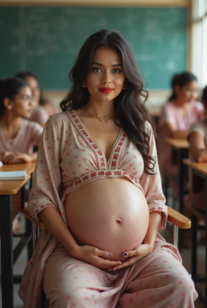 photo of slim, beautiful, overdue pregnant Hindu teacher wearing kurta, leggings sitting on chair. Skinny, beautiful detailed face, bold lipstick. Beautiful detailed blue eyes. Looking at camera. Stunning hour glass figure. Exaggerated, big torpedo shaped ...