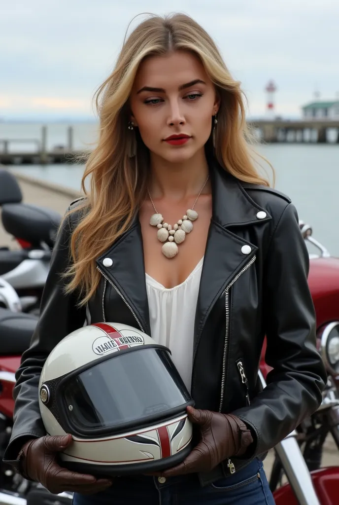  pretty woman, with a leather jacket, white shirt underneath and a seashell necklace around her neck, holding a Haley Davison motorcycle helmet and leather gloves. Haley Davison's motorcycle in the background and a pier with boats.