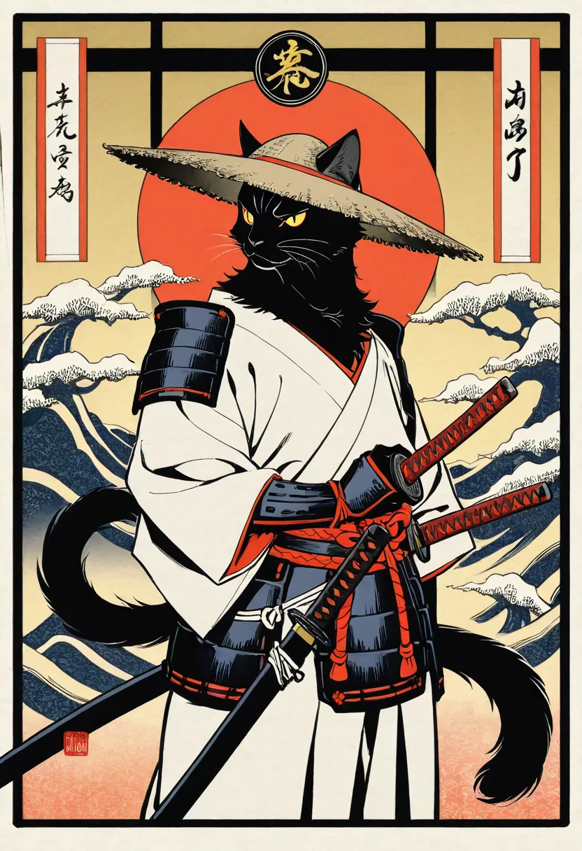 highly detailed, best quality, masterpiece, ukiyo-e, ultra complex high detail, beautiful japanese traditional culture, a black cat god transformed into a furry samurai with a straw hat, katana, samurai's armor, white kimono