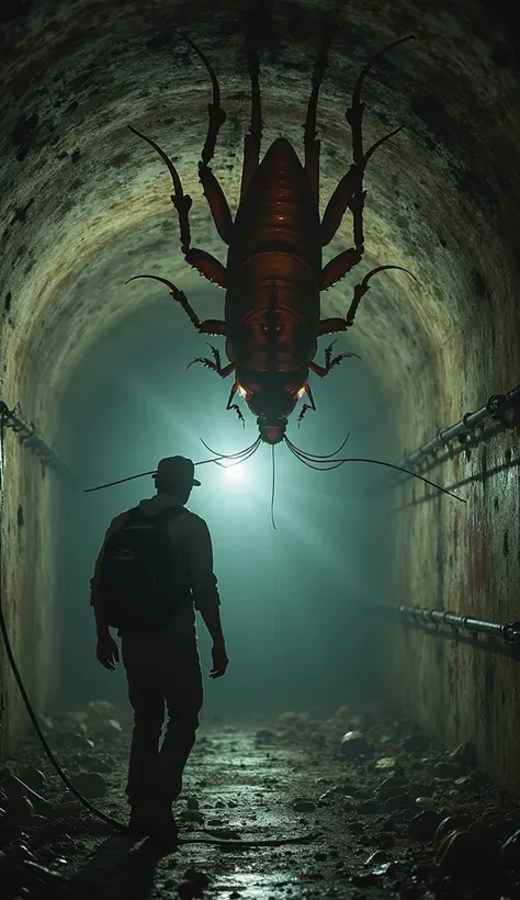 "A realistic, high-definition depiction of a lone survivor navigating an abandoned subway tunnel, his flashlight flickering weakly as he comes face-to-face with a grotesquely large cockroach clinging to the tunnel ceiling. Its oily, brown exoskeleton glist...