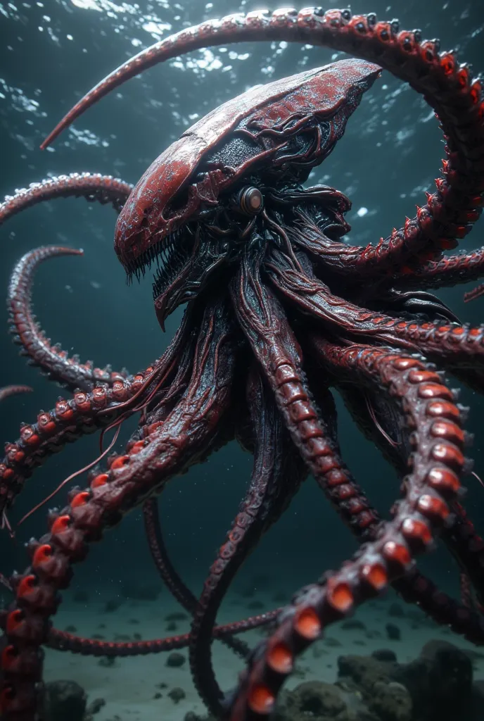 An alien octopus, an octopus xenomorph, swimming in the sea, a demonic sight, ferocious and cunning.
Ultimate realism, Dutch angles, sci-fi movie-like.

The highest quality, high image quality, high resolution, detailed modeling, meticulous brushwork, soph...