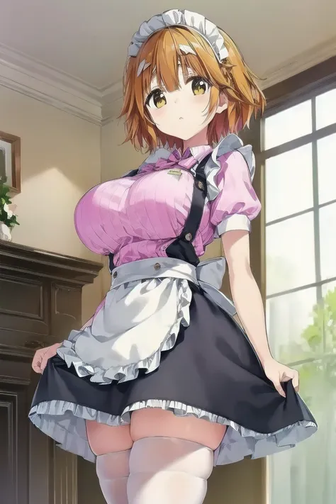 Koiwai Yoshino ,(masterpiece, best quality:1.2),2D, anime,  Anime art,  line art  , watercolor,loli, 1 girl , (orange hair), (large breasts:1.6),indoors,maid,(maid apron),(maid headdress),(short sleeves),thighhighs,(waist apron),(white apron),(white legwea...