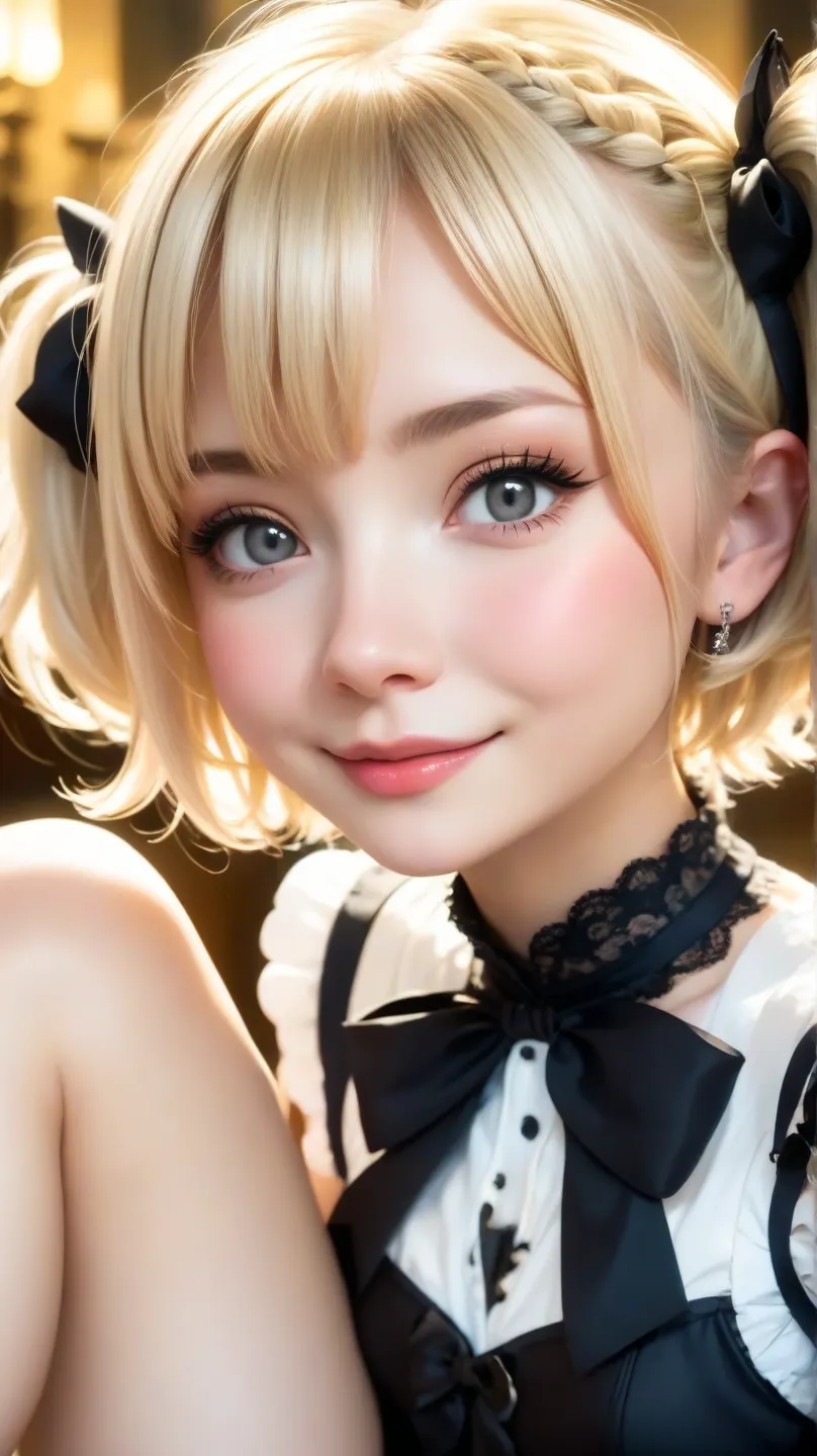 (best quality、masterpiece、very well detailed、one girl、cute face、 silky short blonde 、(((Short hair in twin tails、Short Bob Twin Tail)))、gray eyes、From the knee up、gothic fashion、very well detailed目、Small red cheeks and nose、cute face、