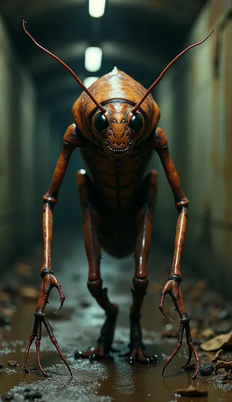 "A realistic, high-definition depiction of an anthropomorphic cockroach-human hybrid standing hunched in the shadows of the abandoned subway tunnel. Its once-human body is now covered in a grotesque, hardened exoskeleton, a dull, rusted brown that seems al...