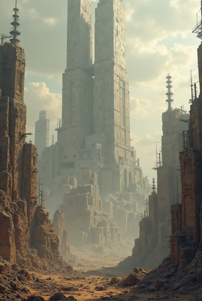 there is a large city, where there are only buildings, a lot of building frames and blocks, style like the movie dune and more style like it's after apocalypse but still with huge buildings 