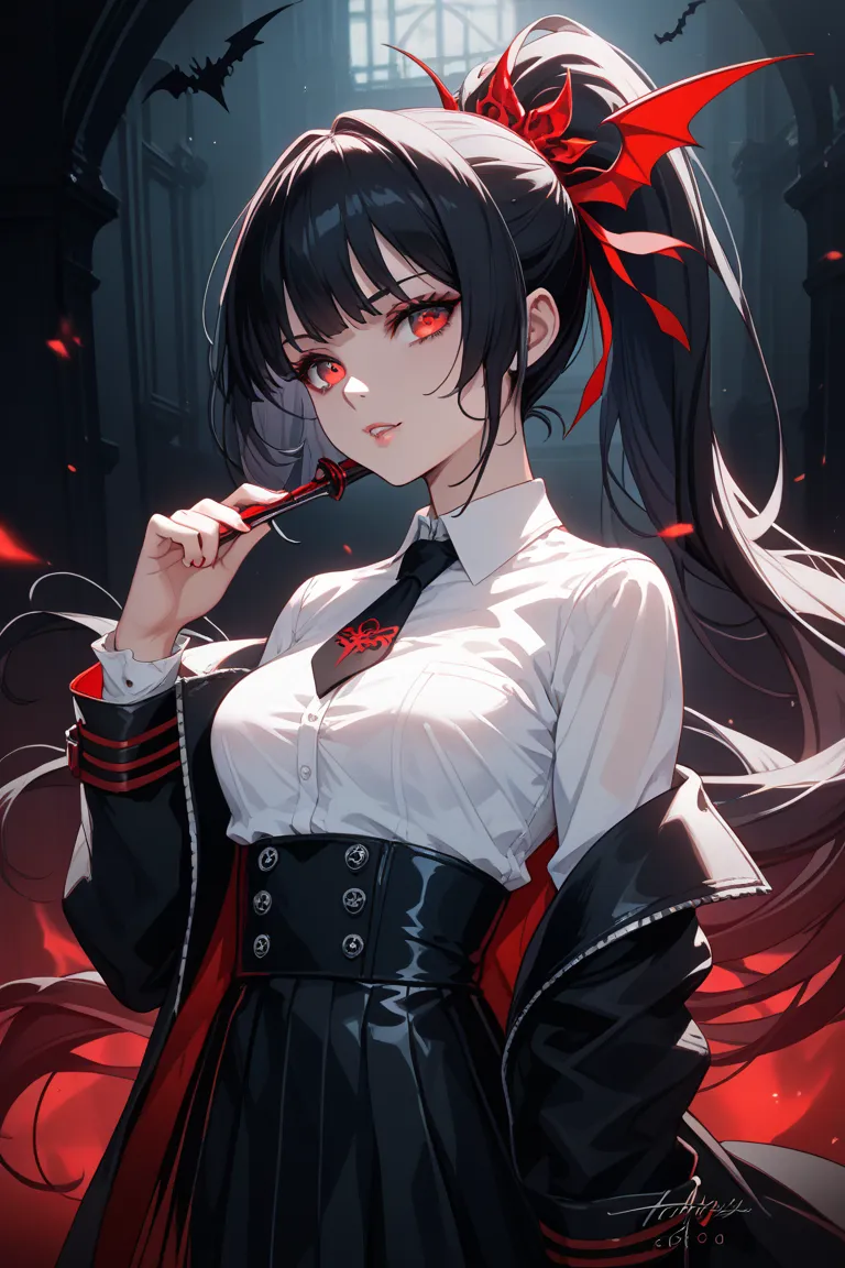 standing in a black, empty place with dark hair, ponytail, red eyes, and a black mask、The chest is medium、Girl wearing a shirt with a tie and a long black skirt under a black coat Vampire